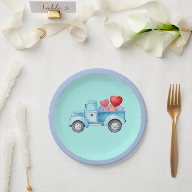 Small Single Blue Truck Valentine Party Paper Plates (Wedding)