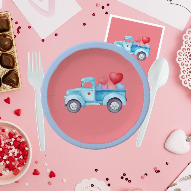 Small Single Blue Truck Valentine Party Paper Plates (Creator Uploaded)