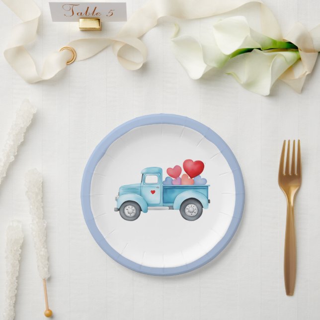 Small Single Blue Truck Valentine Party Paper Plates (Wedding)