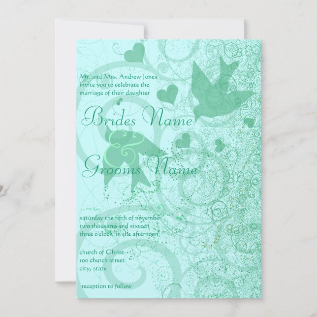 Small Size can change Mint Blue Birds & Swirls Invitation (Front)