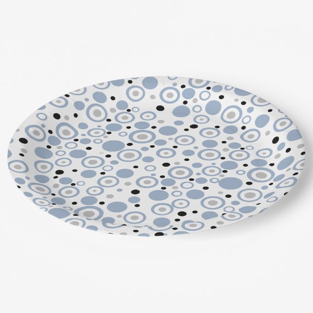 Small Slate Blue Silver Black Polka Dots Paper Plates (Angled)