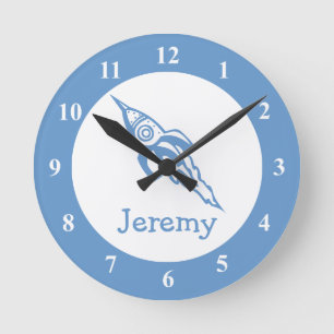 Small space rocket with custom baby name round clock