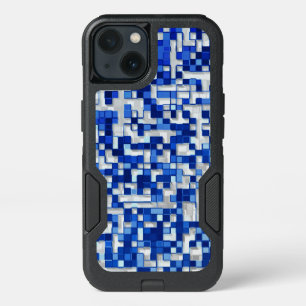 Small squares overlap, shades of blue with white iPhone 13 case