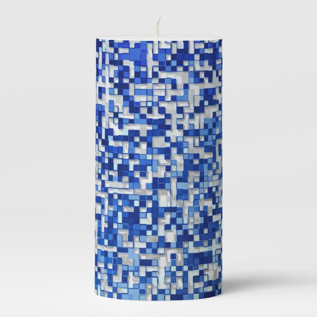 Small squares overlap, shades of blue with white pillar candle (Front)