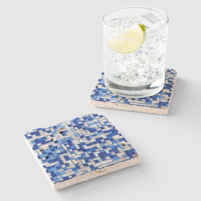 Small squares scattered, tones of blue with white stone coaster (Side)