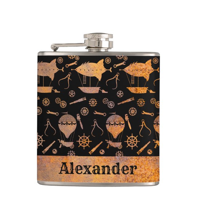 Small Steampunk Rusty Airship Theme Custom Name Flask (Front)
