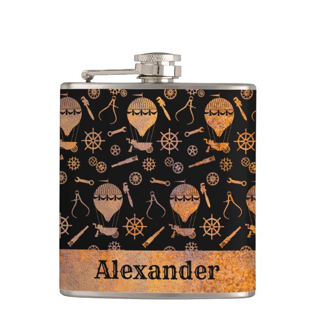 Small Steampunk Rusty Balloon Theme Custom Name Flask (Front)