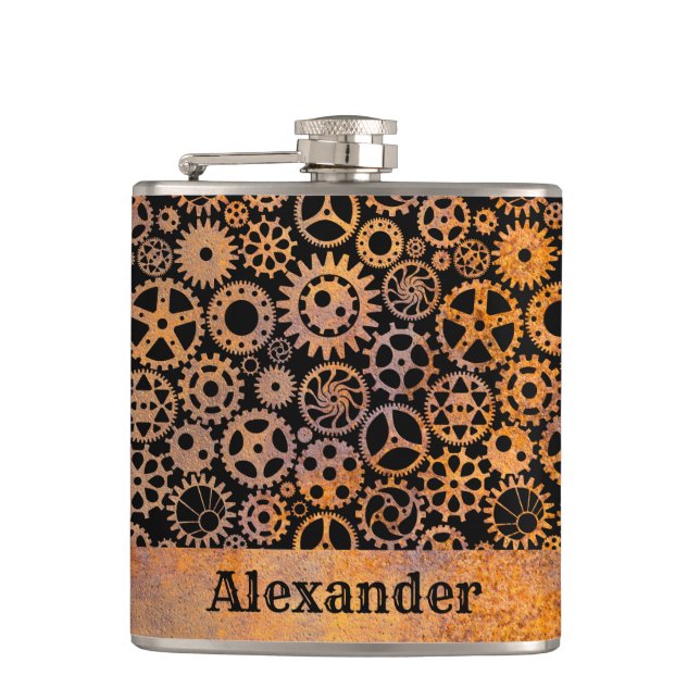 Small Steampunk Rusty Gears Custom Name Flask (Front)