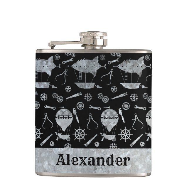 Small Steampunk Silver Zinc Airship Custom Name Flask (Front)