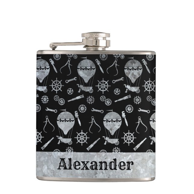 Small Steampunk Silver Zinc Balloon Custom Name Flask (Front)