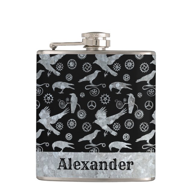 Small Steampunk Silver Zinc Gears and Crows Custom Flask (Front)