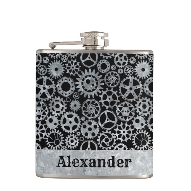 Small Steampunk Silver Zinc Gears Custom Name Flask (Front)