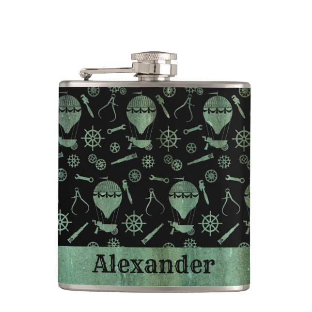 Small Steampunk Verdigris Balloons Theme Custom Flask (Front)