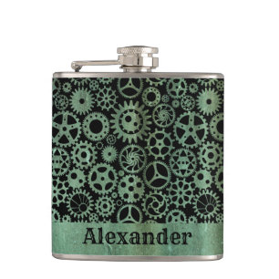Small Steampunk Verdigris Bronze Gears Custom Name Flask