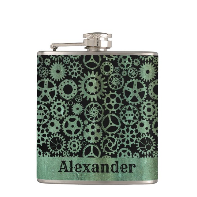 Small Steampunk Verdigris Bronze Gears Custom Name Flask (Front)
