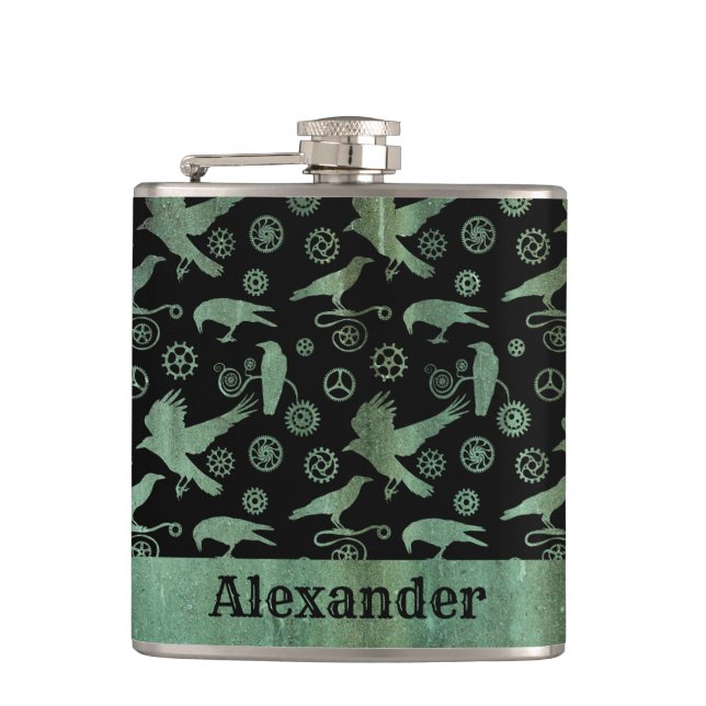 Small Steampunk Verdigris Gears and Crows Custom Flask (Front)