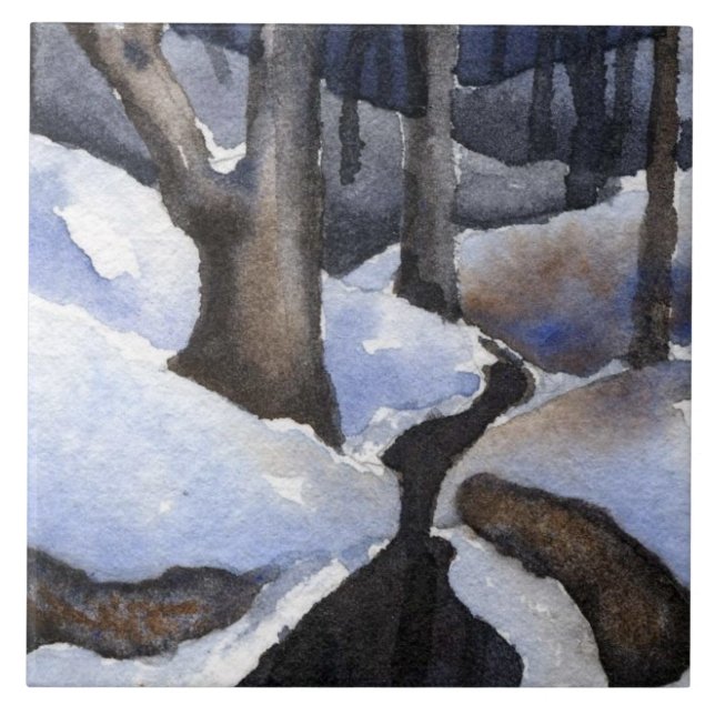 Small stream in winter with snow on the waters ceramic tile (Front)