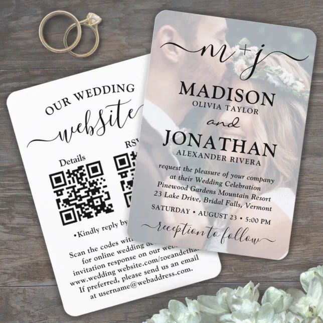 Small & Stylish All-In-One QR Code Photo Wedding Invitation | Zazzle