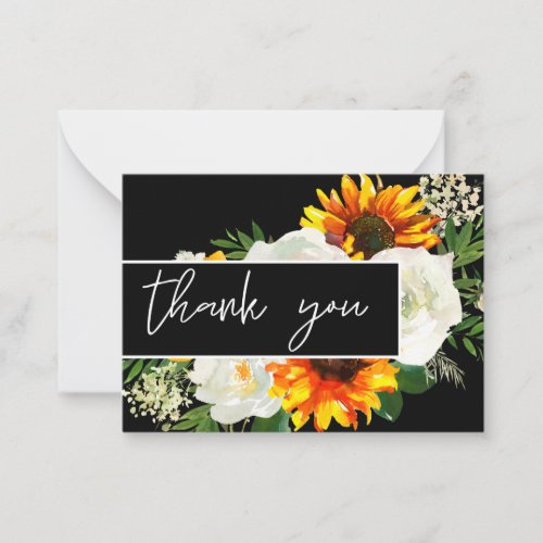 Small Sunflower Artsty Floral _ Black Thank You Note Card