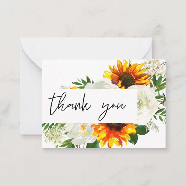 Small Sunflower Artsty Floral - White 2 Thank You Note Card (Front)