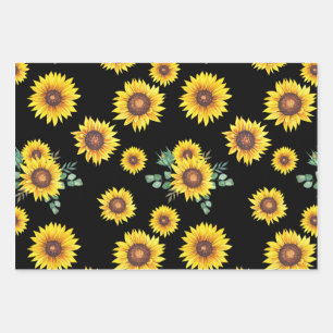 Small Sunflower pattern on black Background Wrapping Paper Sheets