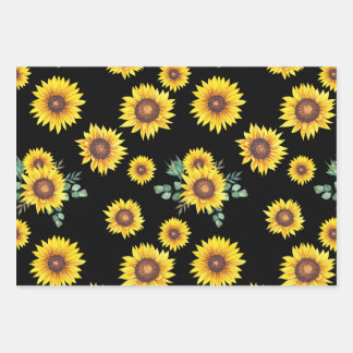 Small Sunflower pattern on black Background Wrapping Paper Sheets
