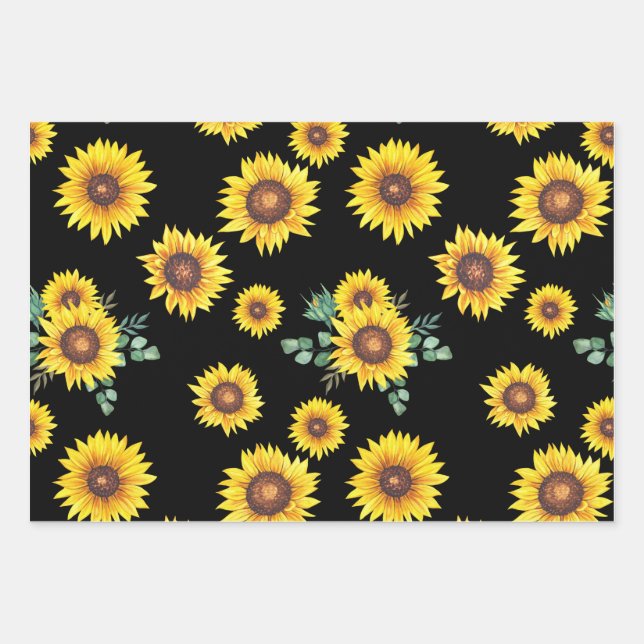 Small Sunflower pattern on black Background Wrapping Paper Sheets (Front)
