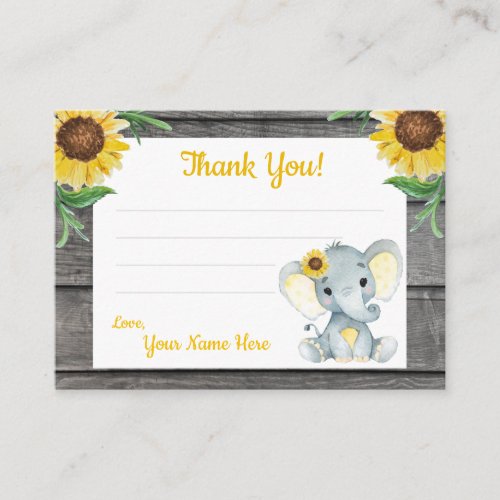 Small Thank You Cards Elephant sunflowers rustic