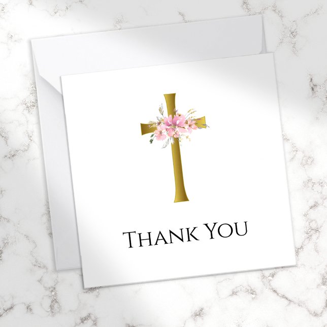 Small Thank You Pink Floral Gold Cross Funeral Note Card (Creator Uploaded)