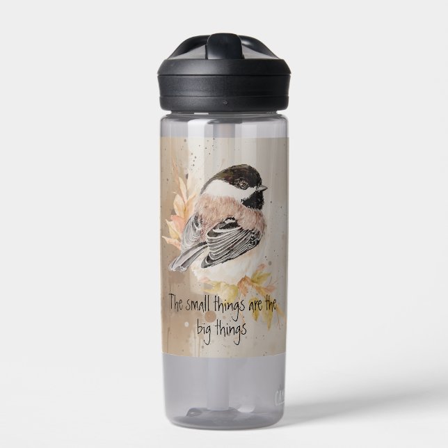 Small things Inspirational Quote Chickadee Bird Water Bottle (Front)