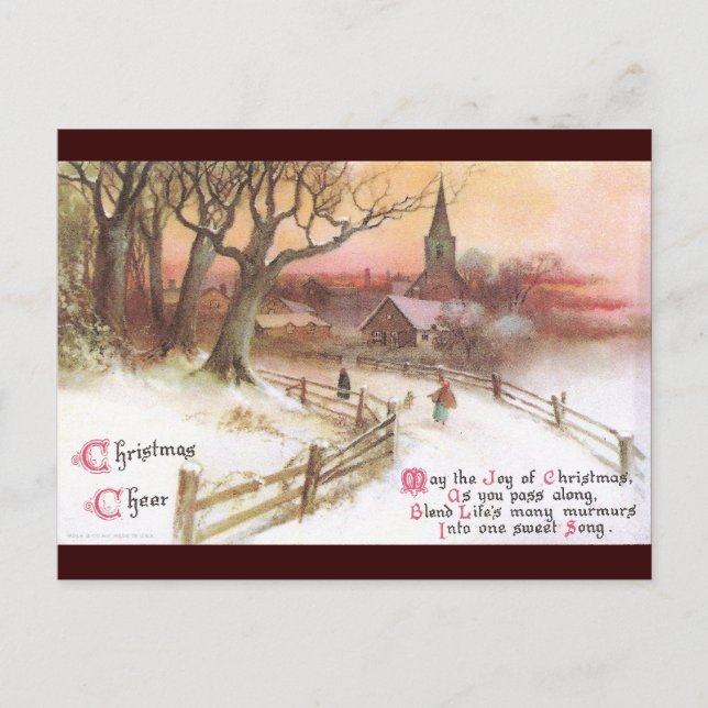 Small Town and Church at Sunset in Winter Postcard (Front)