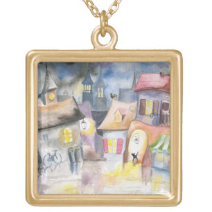 Small town at night gold plated necklace