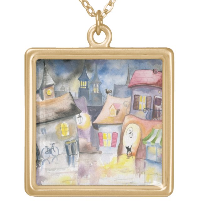 Small town at night gold plated necklace (Front)