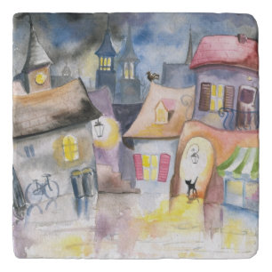 Small town at night trivet