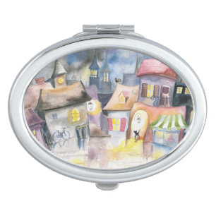 Small town at night vanity mirror
