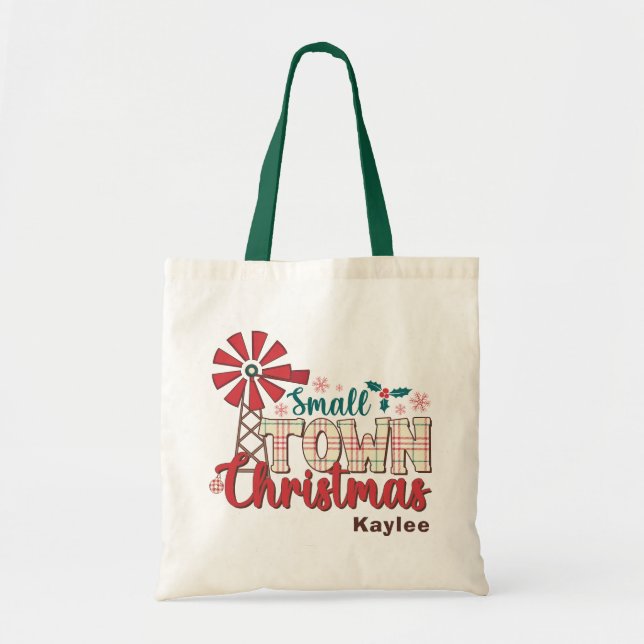 Small Town Christmas Rustic Typography Custom Name Tote Bag (Front)