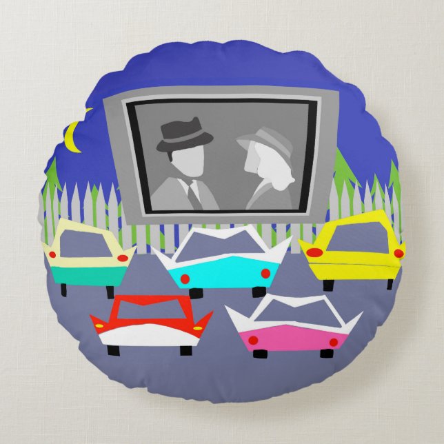 Small Town Drive-In Movie Round Throw Pillow (Front)