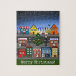 Small Town Neighborhood | Merry Christmas Jigsaw Puzzle<br><div class="desc">Colorful and bright small town neighborhood with a traditional Christmas tree in the middle. This design has two main versions, one depicting the town during daylight including a rainbow and sun and the other one at nighttime depicting a starry sky. Check out the different puzzle sizes for puzzle difficulty and...</div>