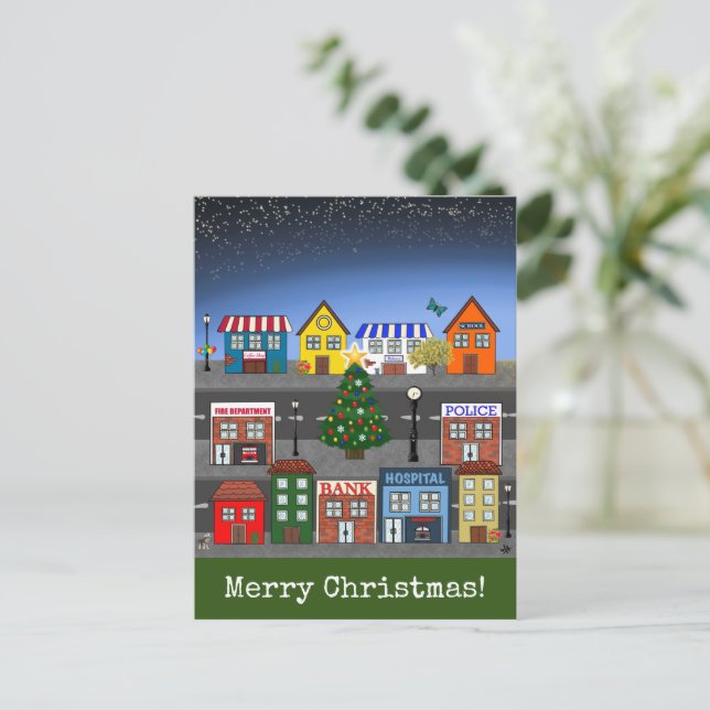 Small Town Neighborhood | Merry Christmas Postcard (Standing Front)