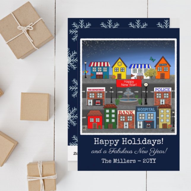 Small Town Neighborhood Nighttime | Navy Blue Holiday Card (Creator Uploaded)
