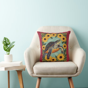 Small Turtle And Black-Eyed Daisy Flowers Throw Pillow