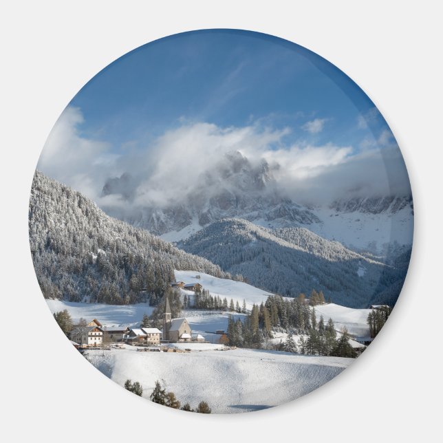 Small village with Dolomites mountains in the snow Magnet (Front)