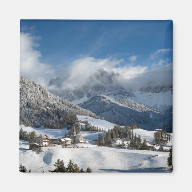 Small village with Dolomites mountains in the snow Magnet (Front)