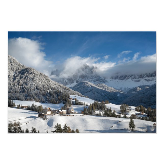 Small village with Dolomites mountains in the snow Photo Print (Front)