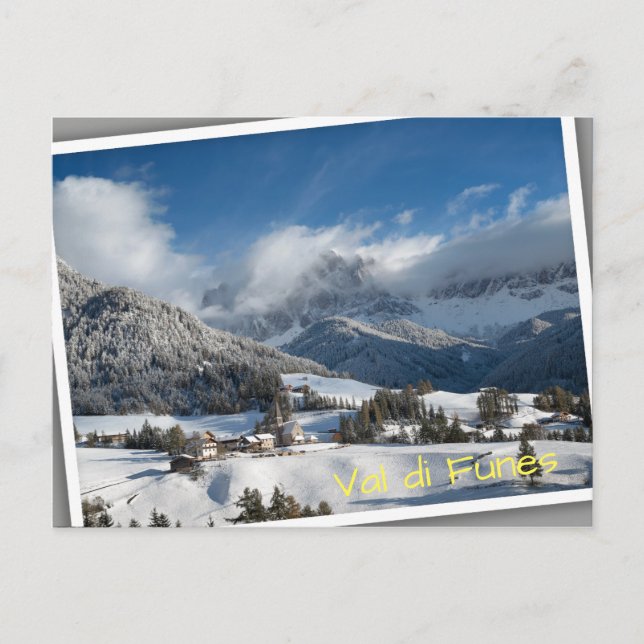 Small village with Dolomites mountains in the snow Postcard (Front)