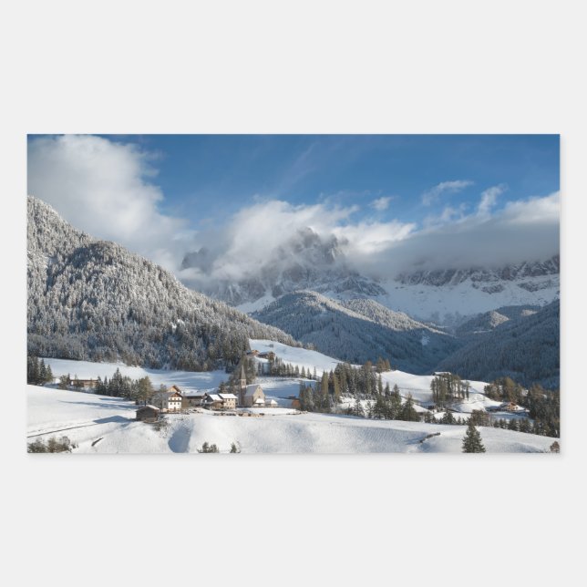 Small village with Dolomites mountains in the snow Rectangular Sticker (Front)