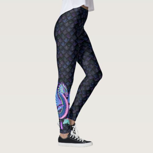 Small Water Dragon on Blue Dragon Scales Leggings