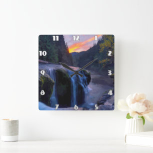 Small Waterfall running down the mountain valley. Square Wall Clock