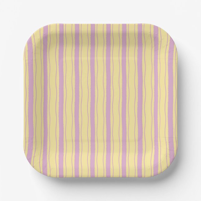 Small Wavy Pink and Yellow Stripes Paper Plates (Front)