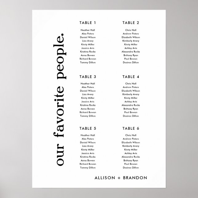 Small Wedding Seating Chart Sign 6 Tables (Front)